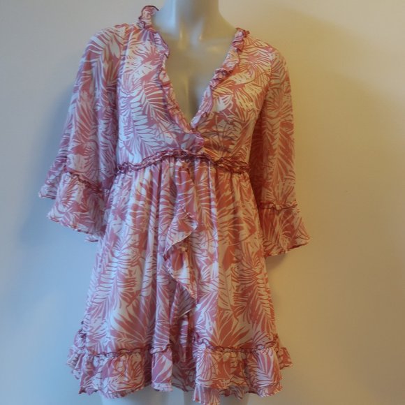 NWT WOMENS INDIKAH ANGEL BIBA PINK WHITE RUFFLED FLORAL V-NECK MINI DRESS S * - Picture 5 of 10